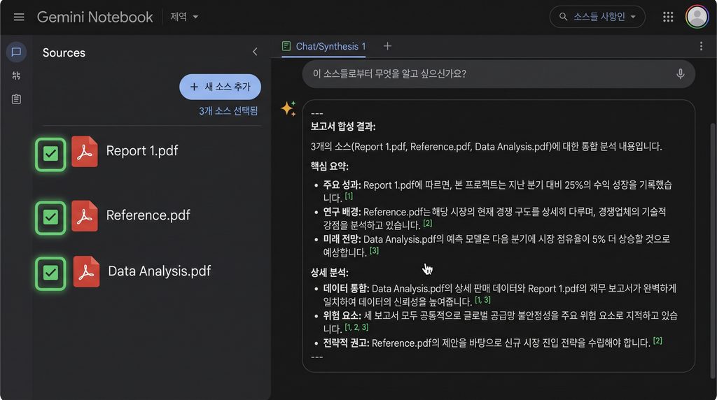 Gemini Notebook에서 PDF 3개를 비교하고 답변의 출처 번호를 확인하는 화면